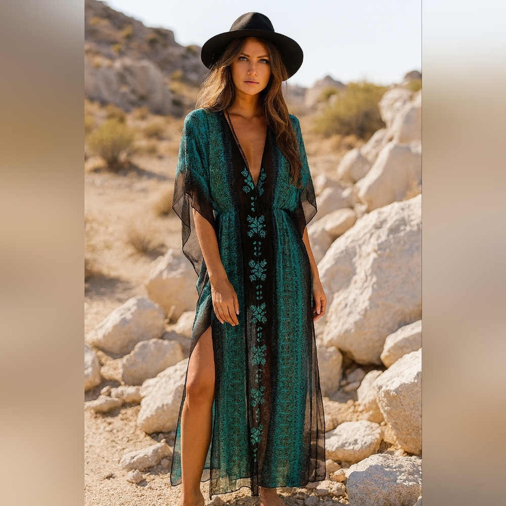 Staring at Stars Teal and Black Sheer Embroidered Kimono Maxi Dress